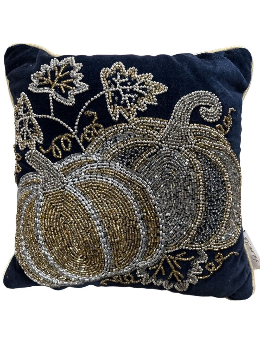 Autumn Hill fall themed decorative pillow. Pumpkins beads velvet navy blue gold